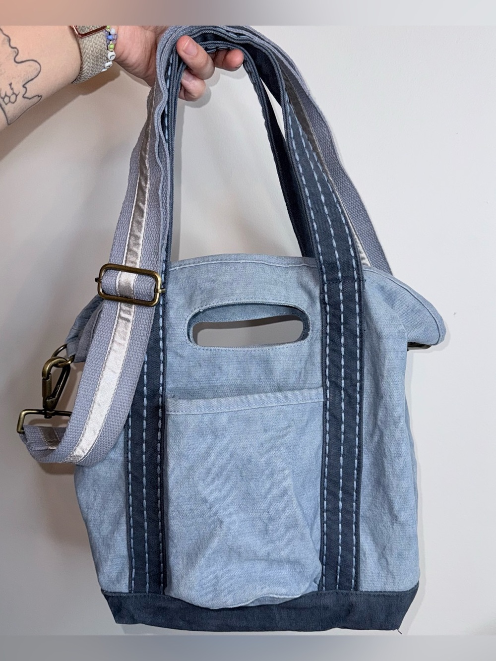 Free People Light Blue Canvas Tote with Navy Trim